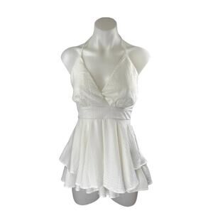 Lovesong White Sleeveless V Neck Tiered A Line Flare Tie Romper Shorts Size S